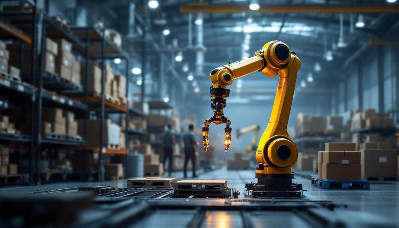 A photograph of a sleek industrial robotic arm in action within a modern warehouse setting
