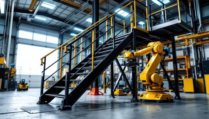 A photograph of capture a photograph of a sturdy metal portable staircase in an industrial setting