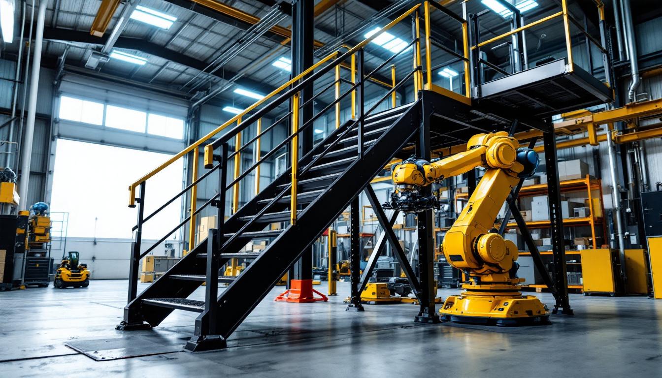 A photograph of capture a photograph of a sturdy metal portable staircase in an industrial setting