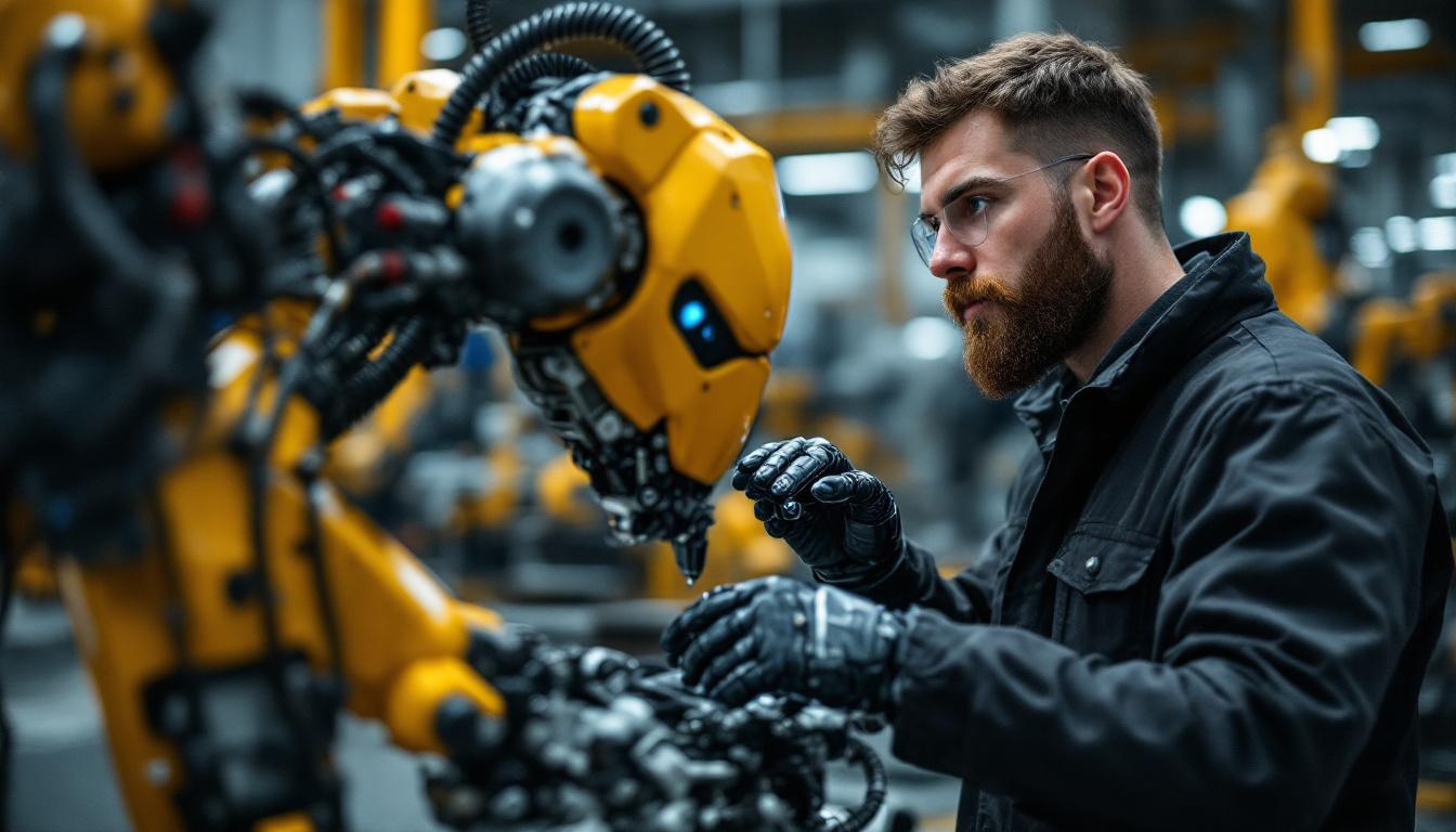 A photograph of a skilled technician working on an industrial robot in a high-tech boston manufacturing facility