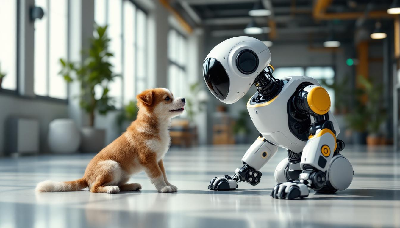 A photograph of a playful dog interacting with a sleek