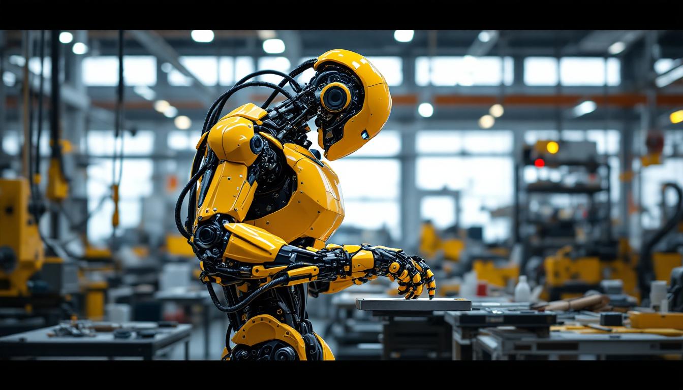 A photograph of a sleek industrial robot in action within a modern manufacturing environment