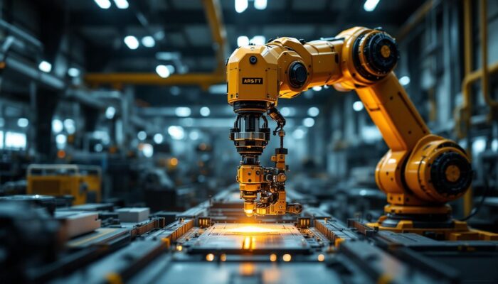 A photograph of a high-tech industrial robotic arm in action
