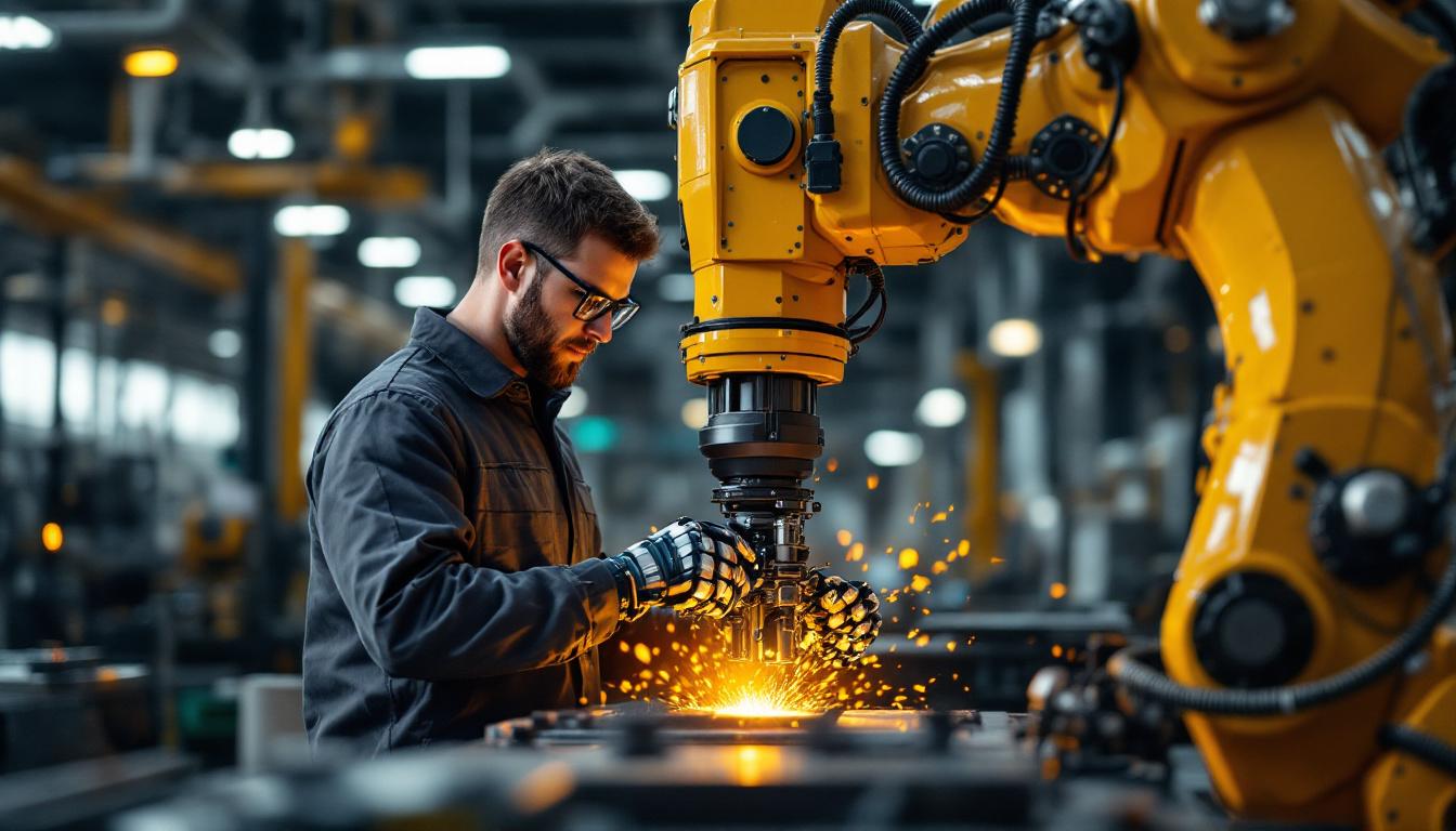 A photograph of a skilled technician interacting with an industrial robotic arm in a modern boston manufacturing facility