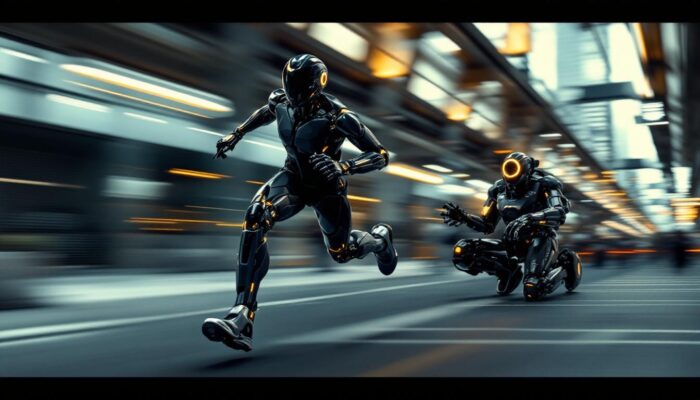 A photograph of a dynamic scene featuring a human runner sprinting at full speed alongside a sleek industrial robot in motion