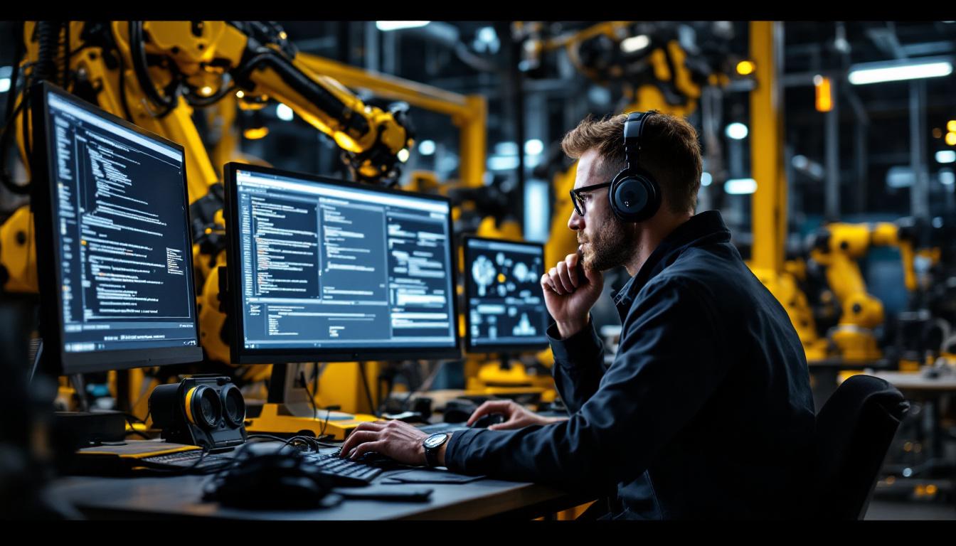 A photograph of a skilled firmware engineer working intently at a computer
