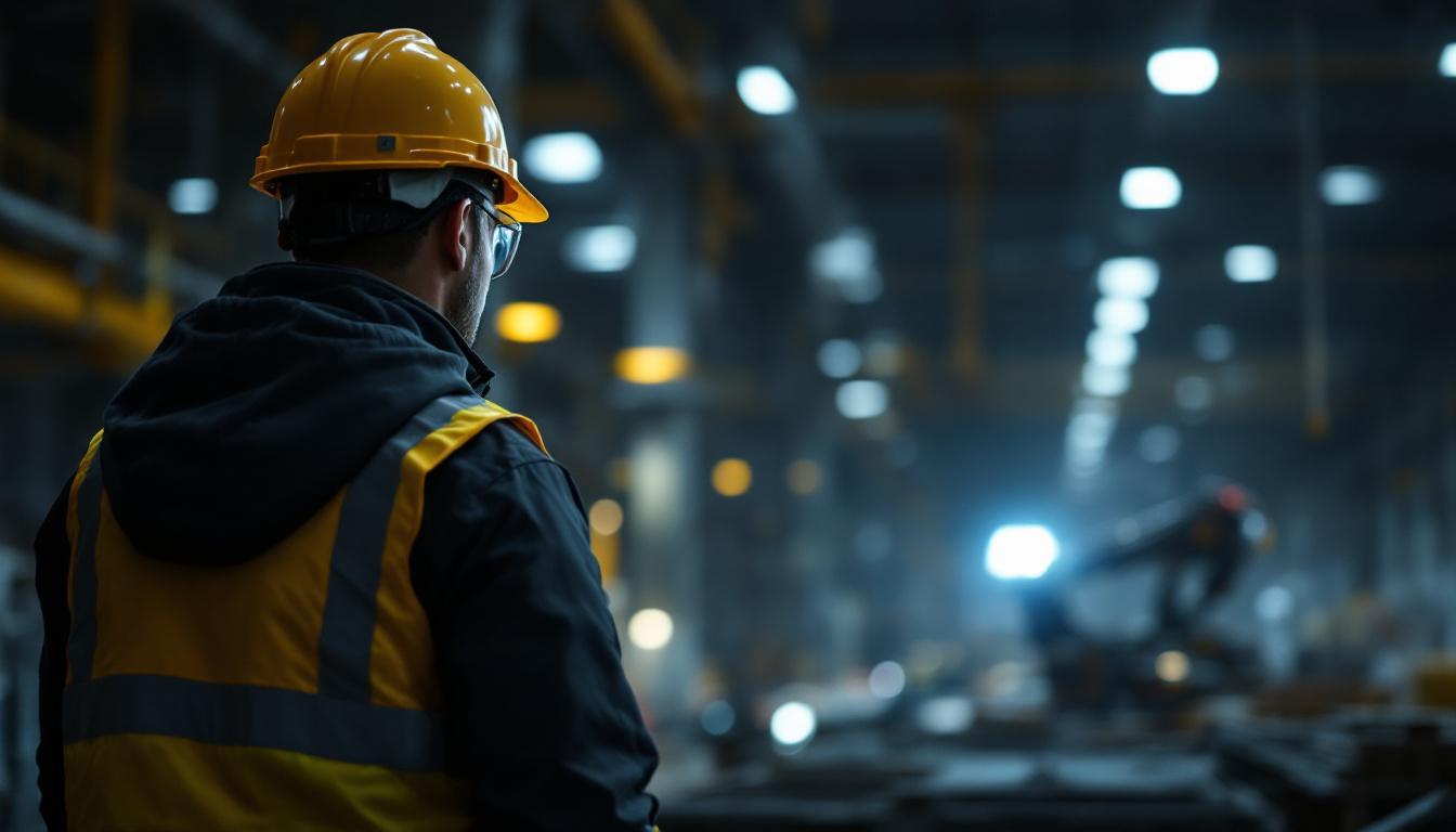 A photograph of a construction security guard monitoring a site with an industrial robot in the foreground