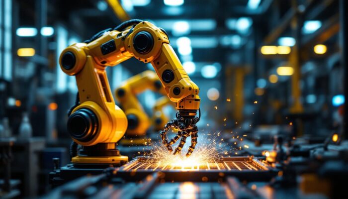 A photograph of a sleek industrial robotic arm in action