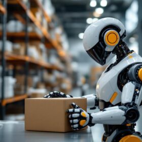 A photograph of a sleek industrial robot in action within a modern warehouse setting