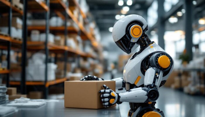 A photograph of a sleek industrial robot in action within a modern warehouse setting