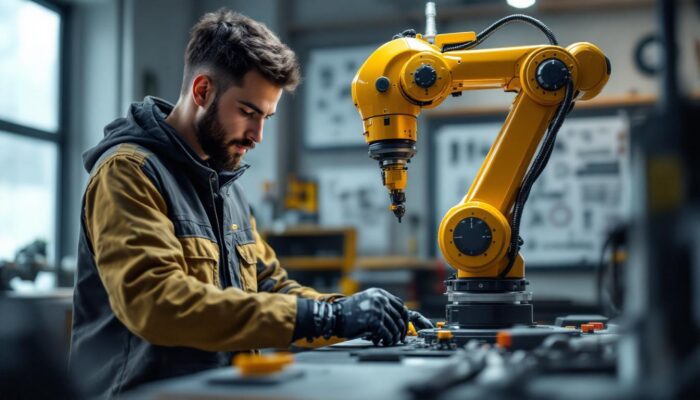 A photograph of a mechanical engineering student working hands-on with an industrial robot in a lab setting