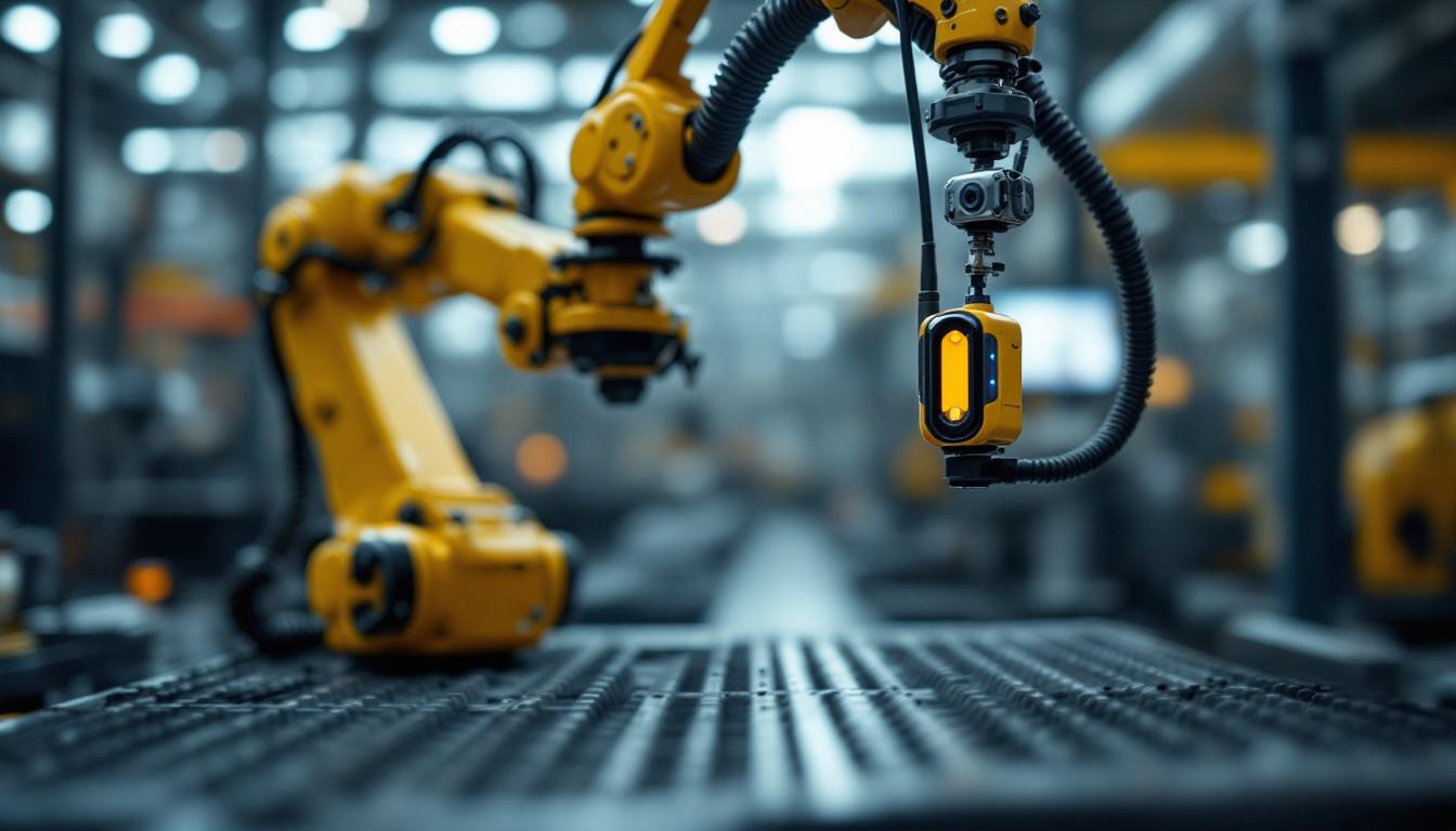 A photograph of capture a photograph of a miniature wireless camera integrated into an industrial robotic arm