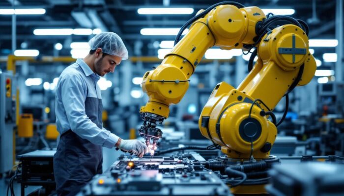 A photograph of a skilled technician operating an industrial robotic arm in a modern manufacturing setting