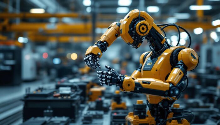 A photograph of capture a photograph of a sleek industrial robot in action within a boston battery manufacturing facility