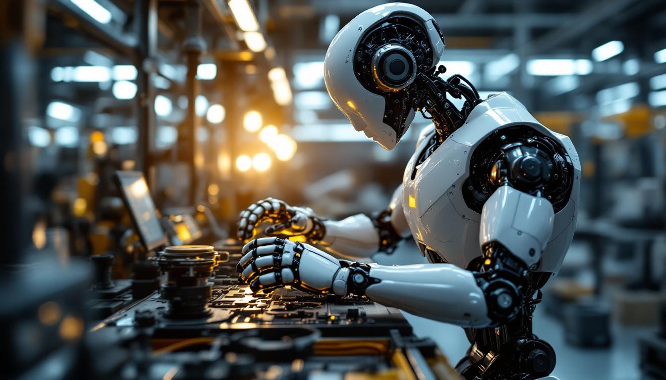 A photograph of a sleek industrial robot in action within a modern manufacturing environment