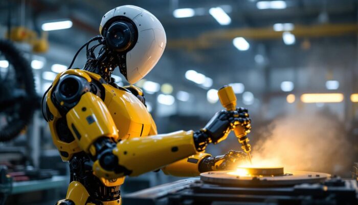 A photograph of a sleek industrial robot in action within a manufacturing environment