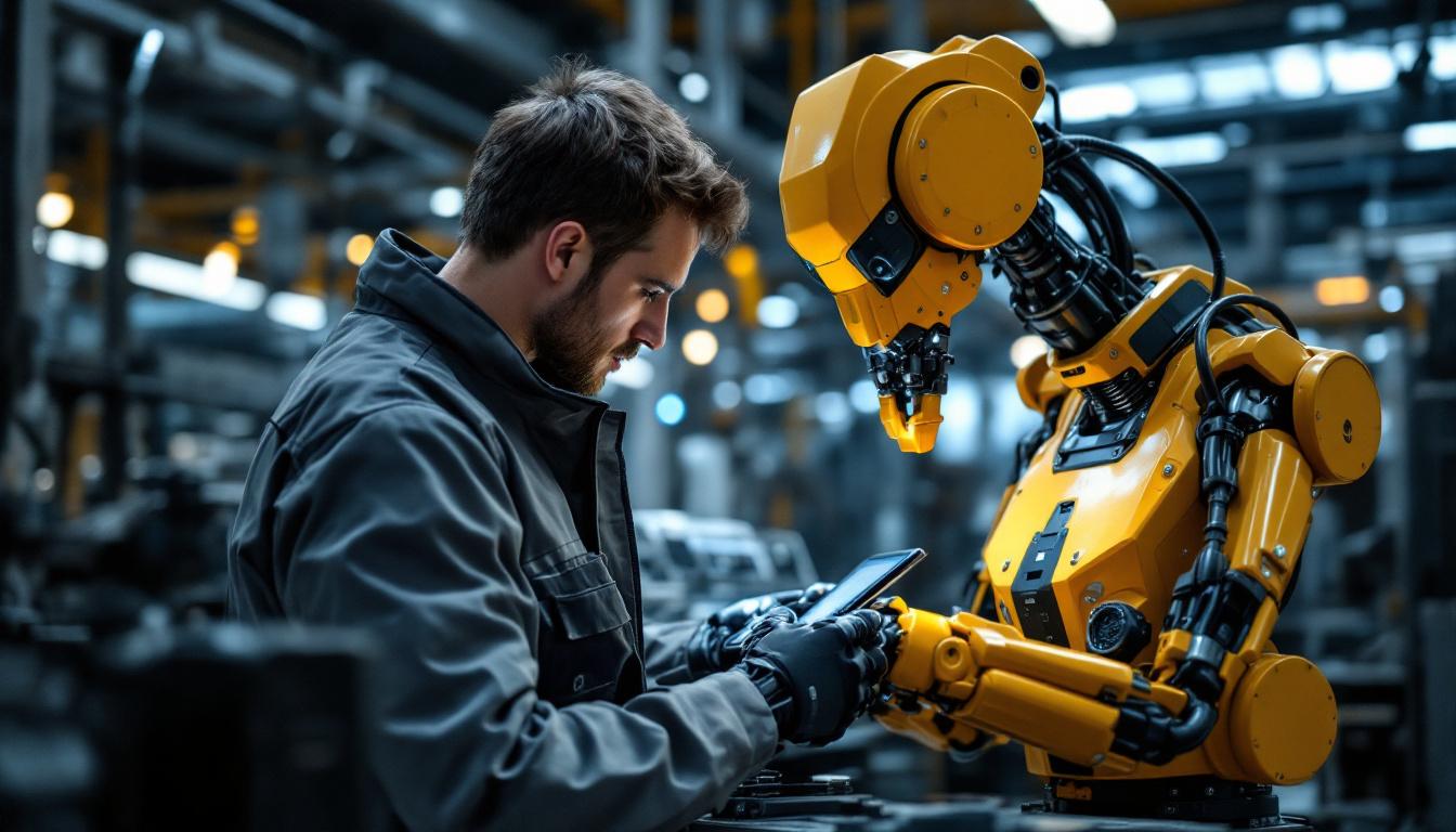 A photograph of a skilled technician interacting with an industrial robot in a modern factory setting