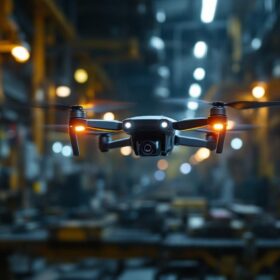 A photograph of a small indoor drone in action