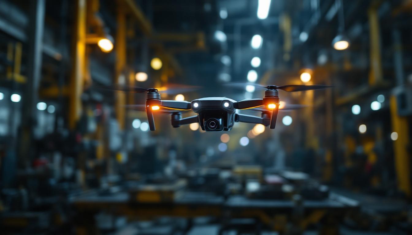 A photograph of a small indoor drone in action