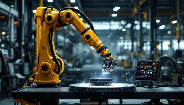 A photograph of a dynamic industrial robotic arm in action within a manufacturing environment