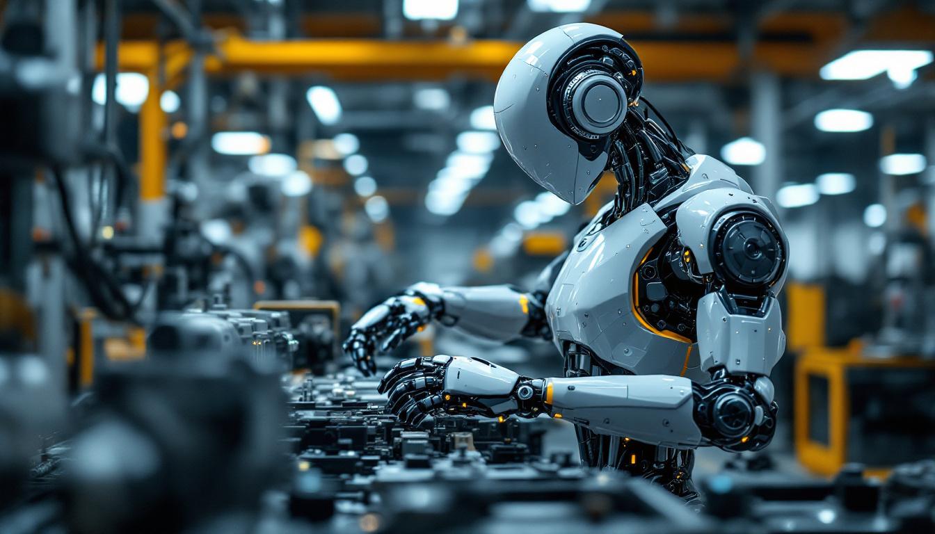 A photograph of a sleek industrial robot in action within a manufacturing environment