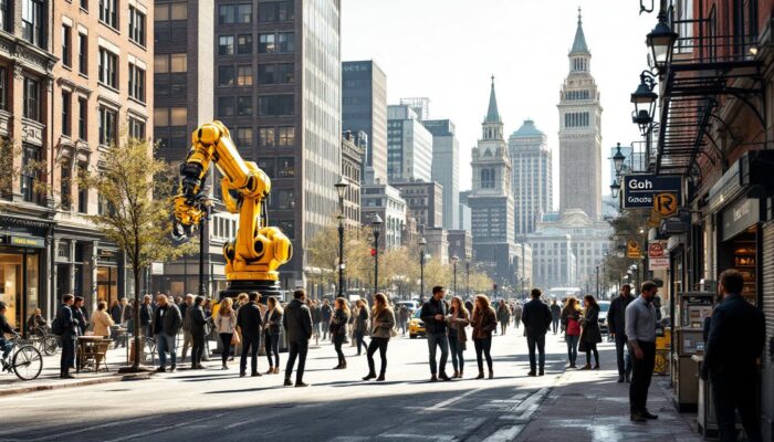 A photograph of a bustling boston street scene featuring diverse groups of people engaging in conversation