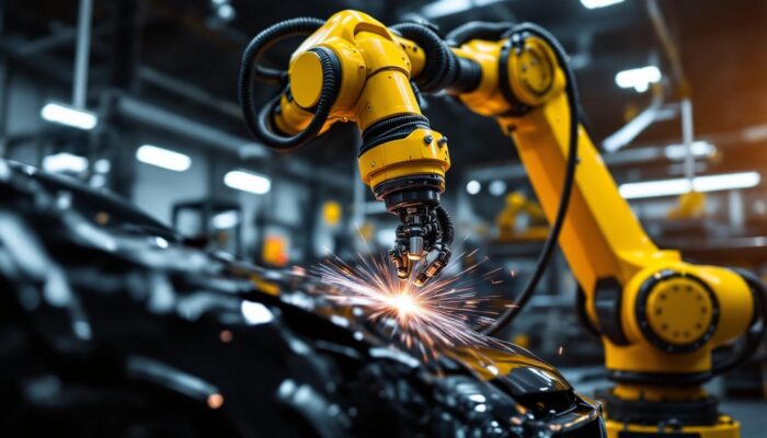 A photograph of a sleek industrial robotic arm in action