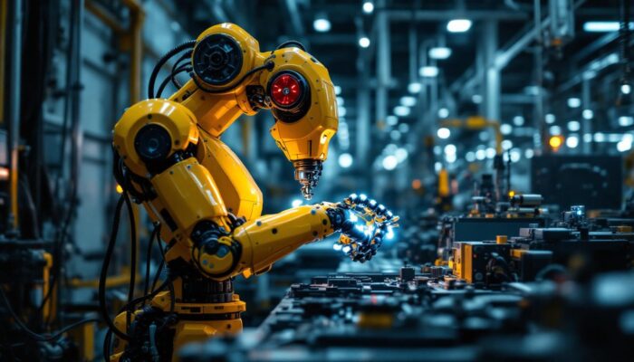 A photograph of capture a photograph of an industrial robot in action within a manufacturing setting