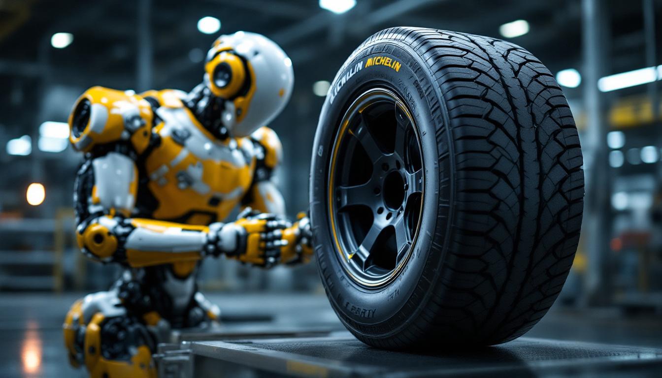 A photograph of a michelin x line energy tire prominently displayed alongside an industrial robot in a manufacturing setting