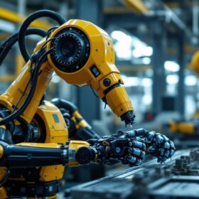 A photograph of a sleek industrial robot in action on a factory floor