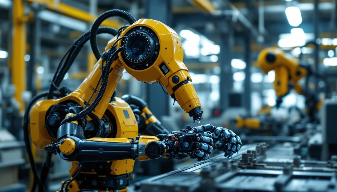 A photograph of a sleek industrial robot in action on a factory floor