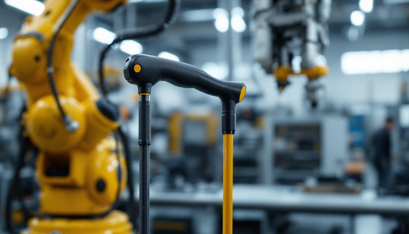 A photograph of a well-designed walking cane resting against a sleek industrial robotic arm in a modern workshop setting
