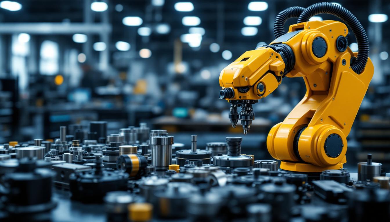 A photograph of a close-up shot of various t-slot hardware components arranged alongside an industrial robot in a modern workshop setting