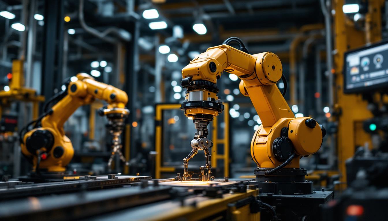 A photograph of a dynamic industrial robotic arm in action within a modern boston manufacturing facility