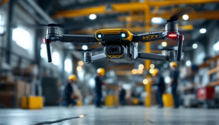 A photograph of a drone equipped with a high-tech wi-fi chip in an industrial setting