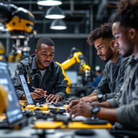 A photograph of a dynamic industrial robotics workspace in boston