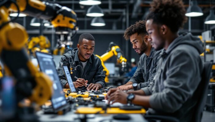 A photograph of a dynamic industrial robotics workspace in boston