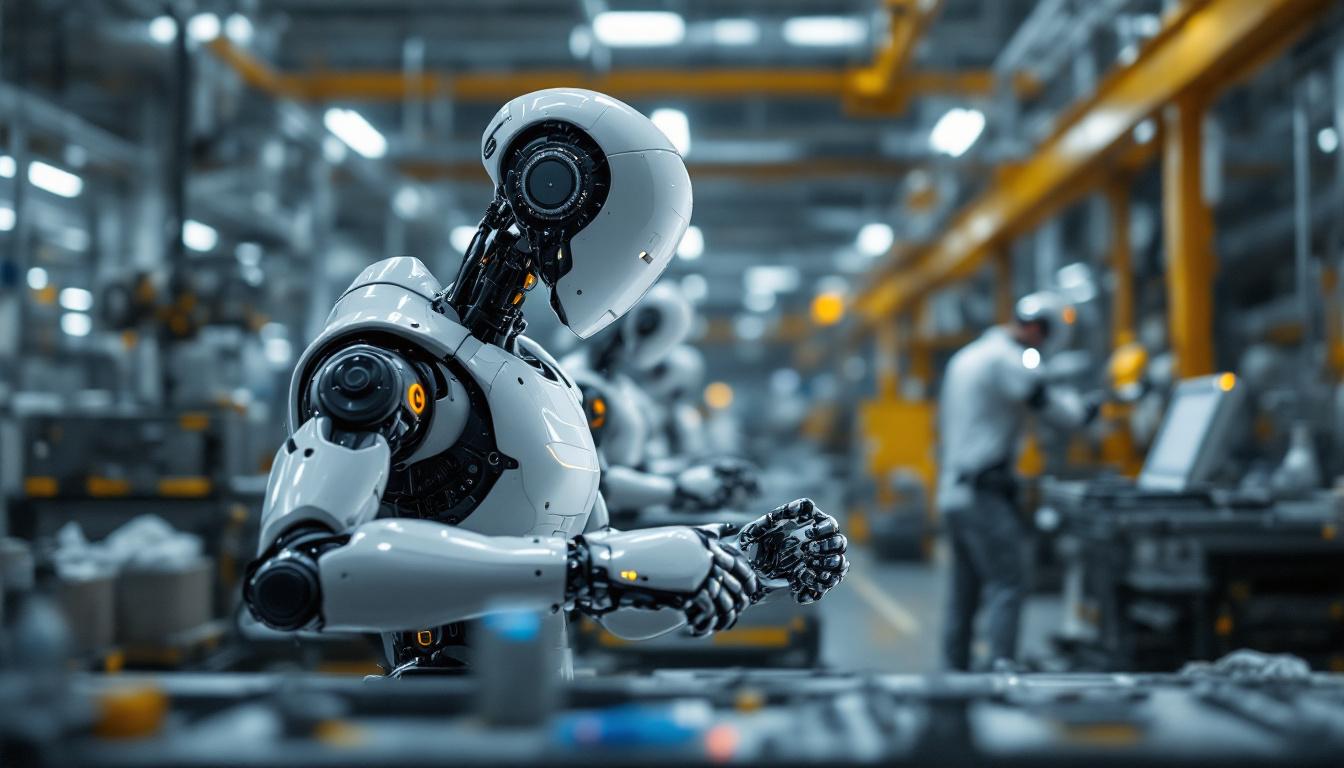 A photograph of a sleek industrial robot in action within a manufacturing environment