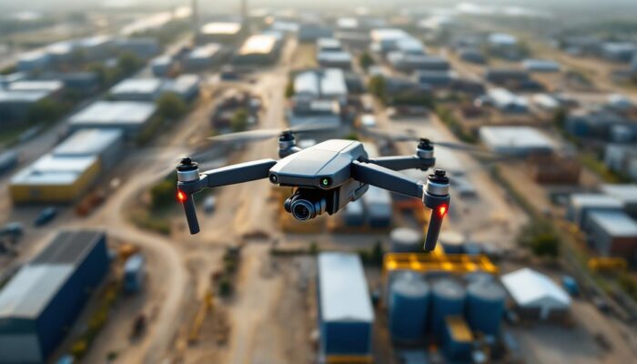 A photograph of a drone equipped with surveying technology in action over an industrial landscape