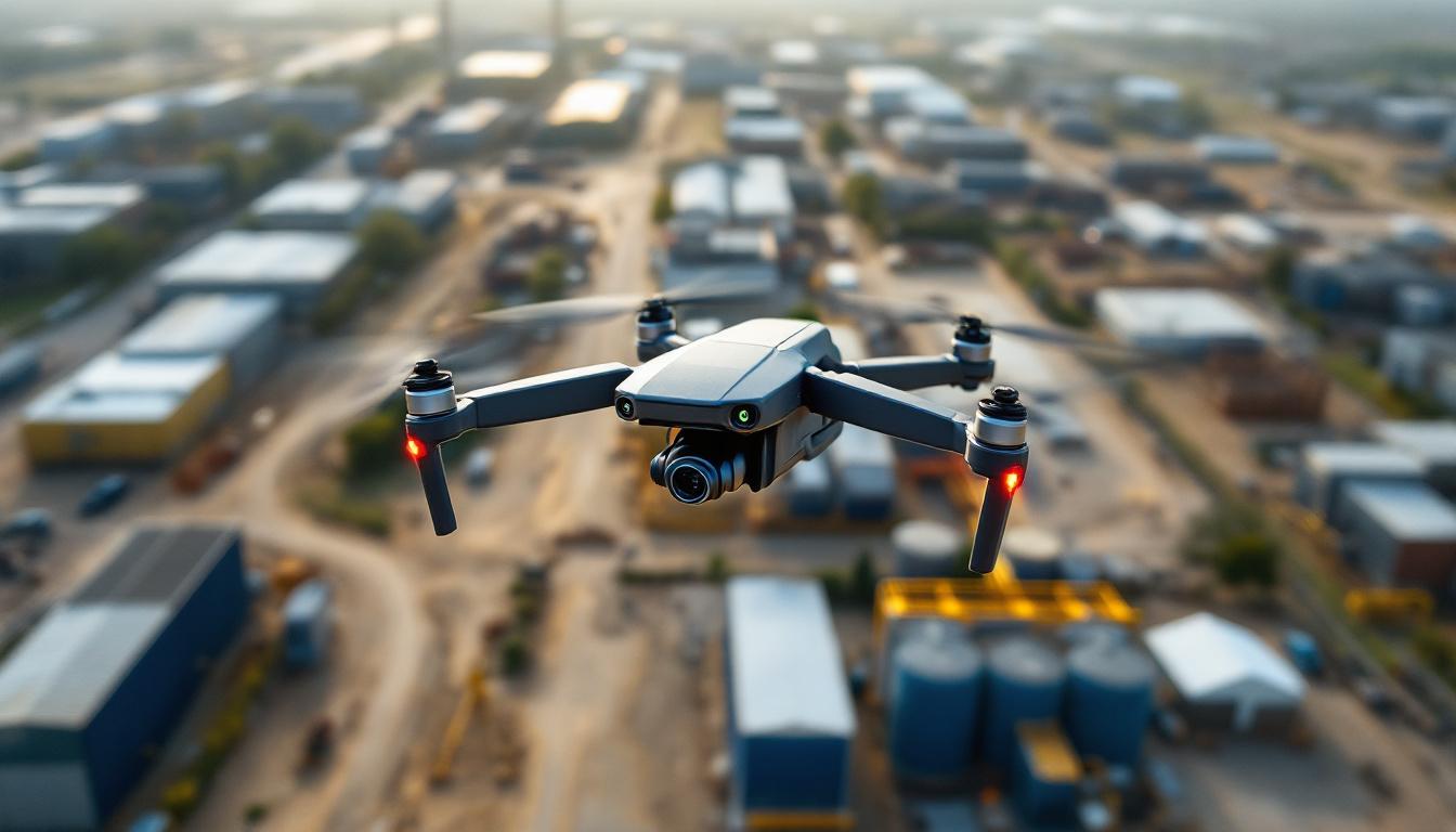 A photograph of a drone equipped with surveying technology in action over an industrial landscape