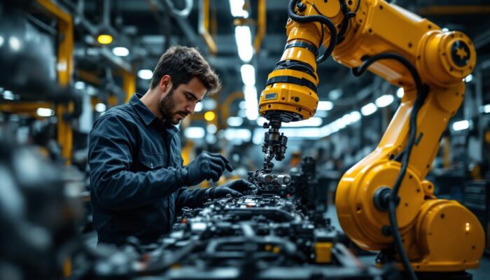 A photograph of a skilled technician working on a robotic arm in a modern workshop