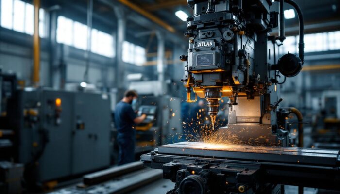 A photograph of capture a photograph of an atlas horizontal milling machine in a well-lit industrial setting