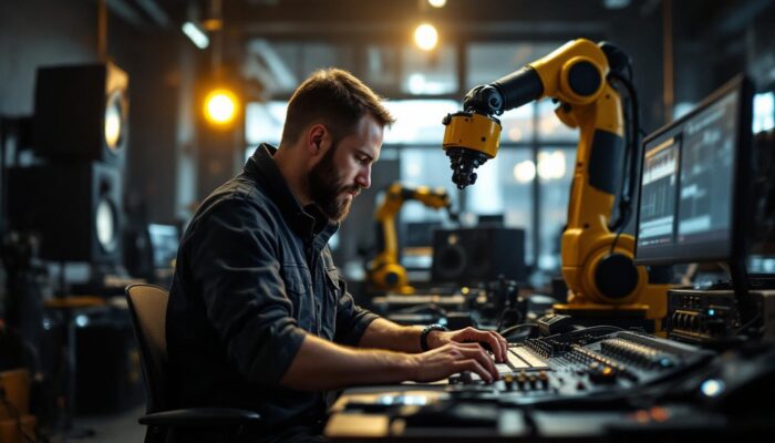 A photograph of a skilled audio engineer working alongside industrial robotic equipment in a modern studio setting