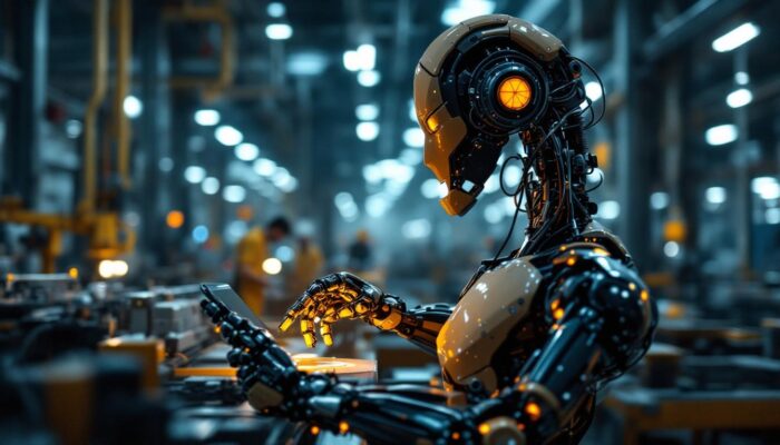 A photograph of a sleek industrial robot in action within a manufacturing setting