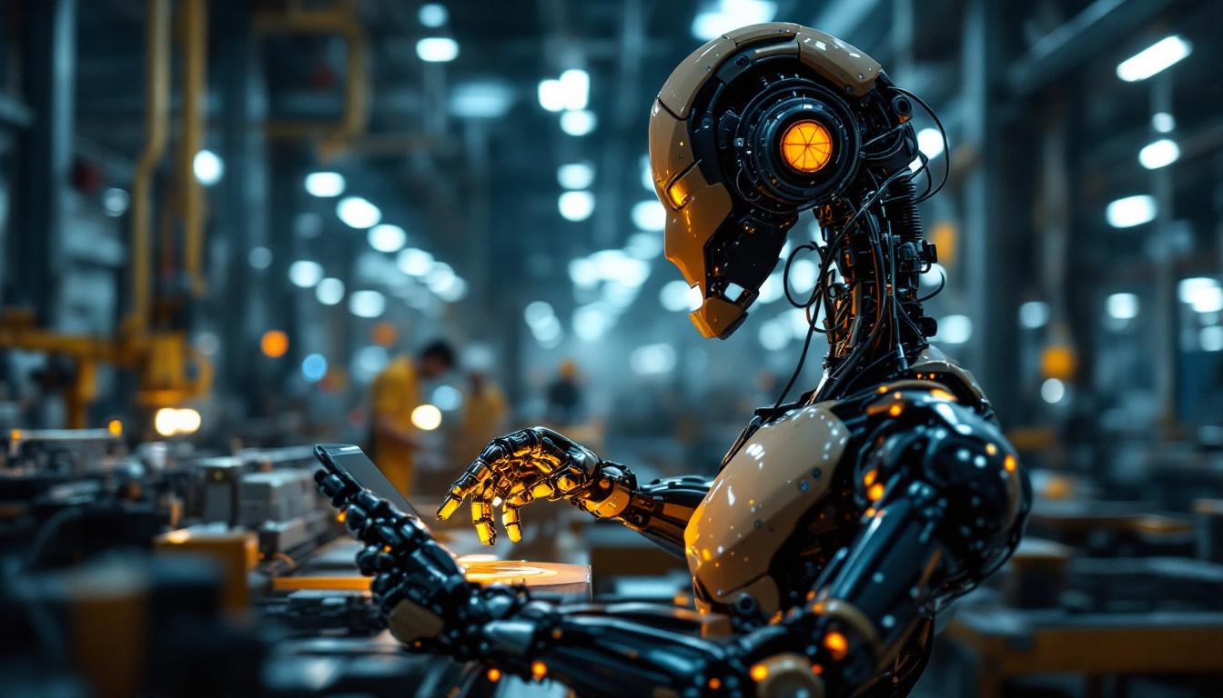 A photograph of a sleek industrial robot in action within a manufacturing setting