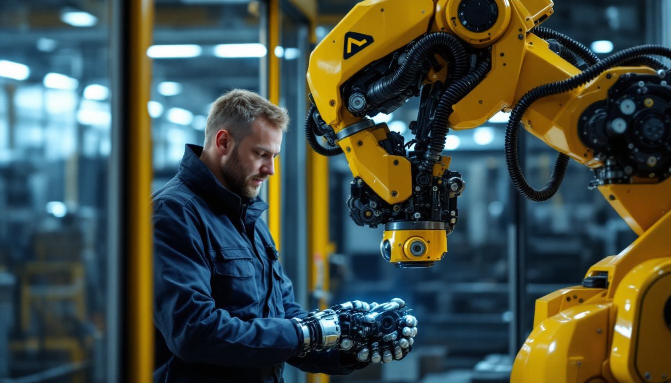 A photograph of a mechanical engineer interacting with an industrial robot in a modern manufacturing environment