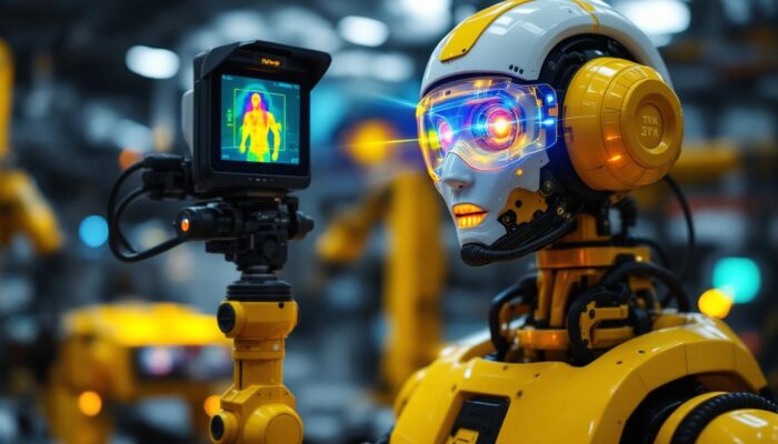 A photograph of a high-tech industrial robot equipped with a thermal camera in action