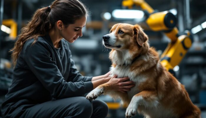 A photograph of a concerned dog owner gently examining their dog's front leg while the dog stands on three legs