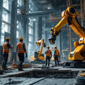 A photograph of capture a photograph of a modern construction site featuring a wireless jobsite camera in action