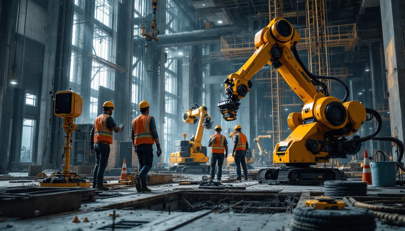 A photograph of capture a photograph of a modern construction site featuring a wireless jobsite camera in action